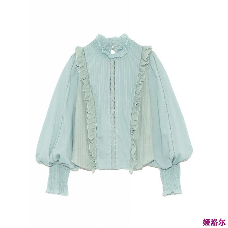衫女短款学生荷叶边绣花装饰甜美日系立领显瘦灯笼袖衬衫上衣 薄荷色
