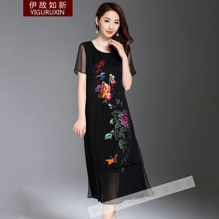 女装 品牌女装2018女装连衣裙乔其丝民族风短袖裙假两件牡丹刺绣