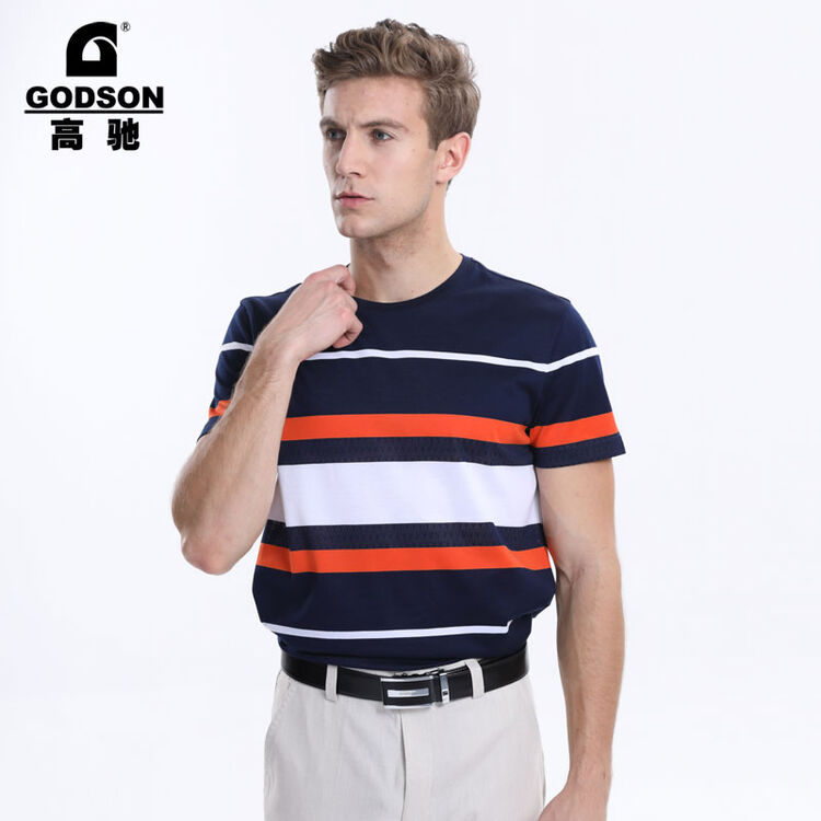 高驰godson 春夏男装新品镂空网眼圆领休闲条纹修身短袖t恤 桔红色 m