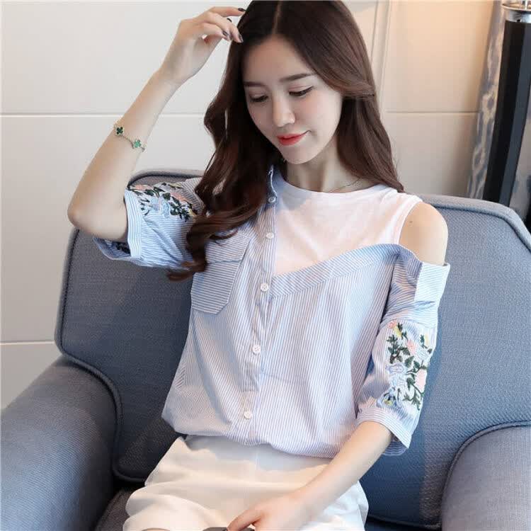 漏肩上衣女218夏装新款韩版时尚宽松假两件t恤显瘦刺绣衬衫 蓝条纹 s