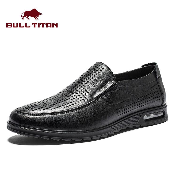 公牛巨人商务休闲鞋男2018夏季真皮冲孔透气皮鞋男士防滑耐磨套脚爸爸