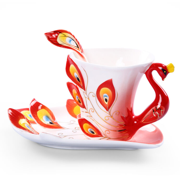 夏荷瓷艺 咖啡杯 陶瓷杯孔雀珐琅瓷水杯 欧式浮雕陶瓷杯节日送礼须备