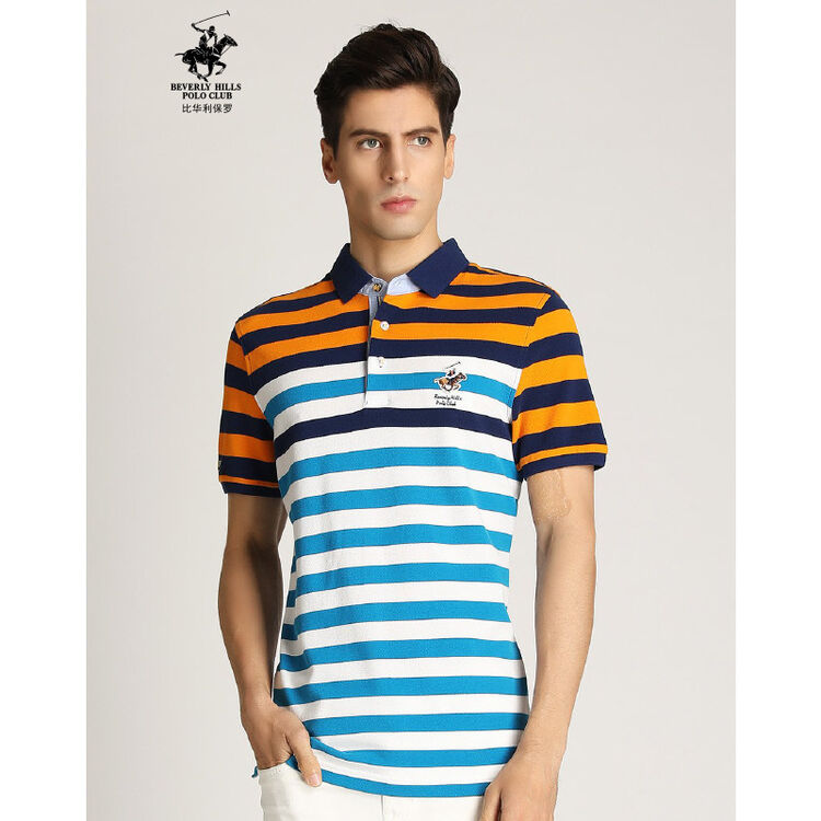 比华利保罗beverly hills polo club 全棉多彩条纹拼接舒适polo男士
