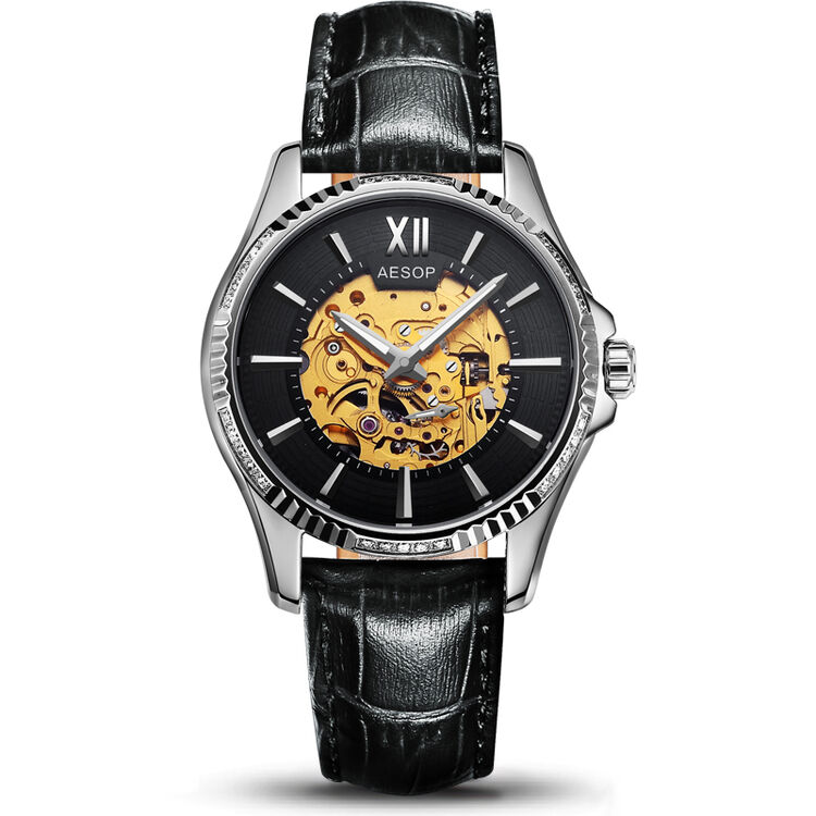 伊索(aesop)机械男士手表新防水防花真皮表带镂空表盘设计金属指针