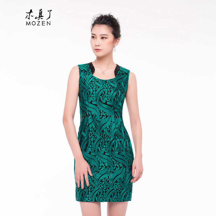 木真了女装连衣裙2018夏季新款 女刺绣时尚连衣裙女裙 0804 14深绿色