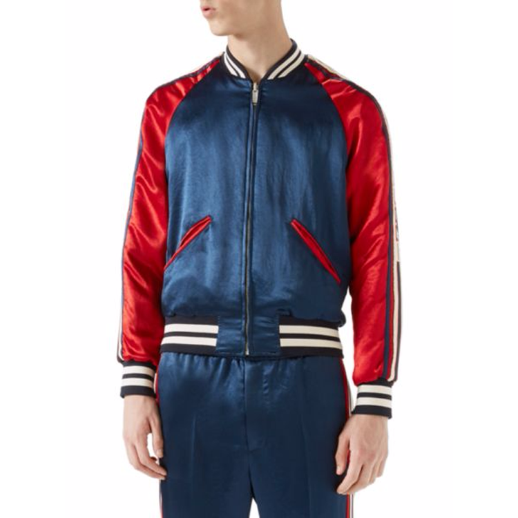 奢侈品gucci 棒球服夹克 古驰古奇男士拼色立领缎面拉链长袖外套 tide