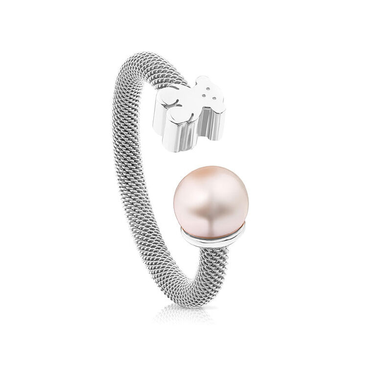 tous 桃丝熊 女士网织系列极简优雅银镀金珍珠开口银色戒指 613105500