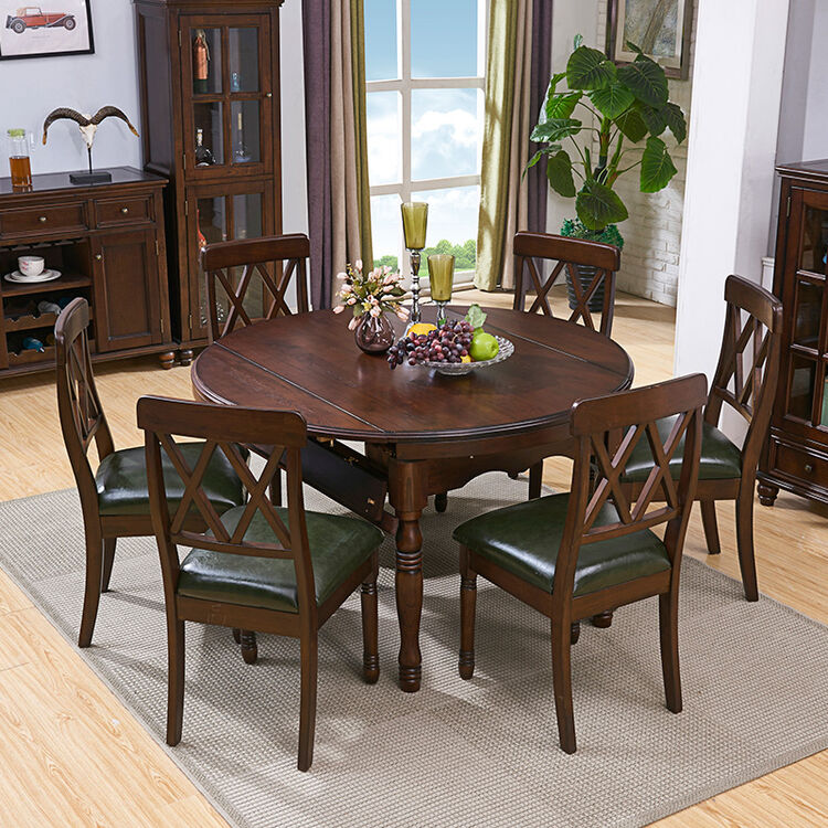 餐桌椅组合实木折叠圆餐桌子6人伸缩圆形红椿木餐桌餐椅 伸缩圆餐桌