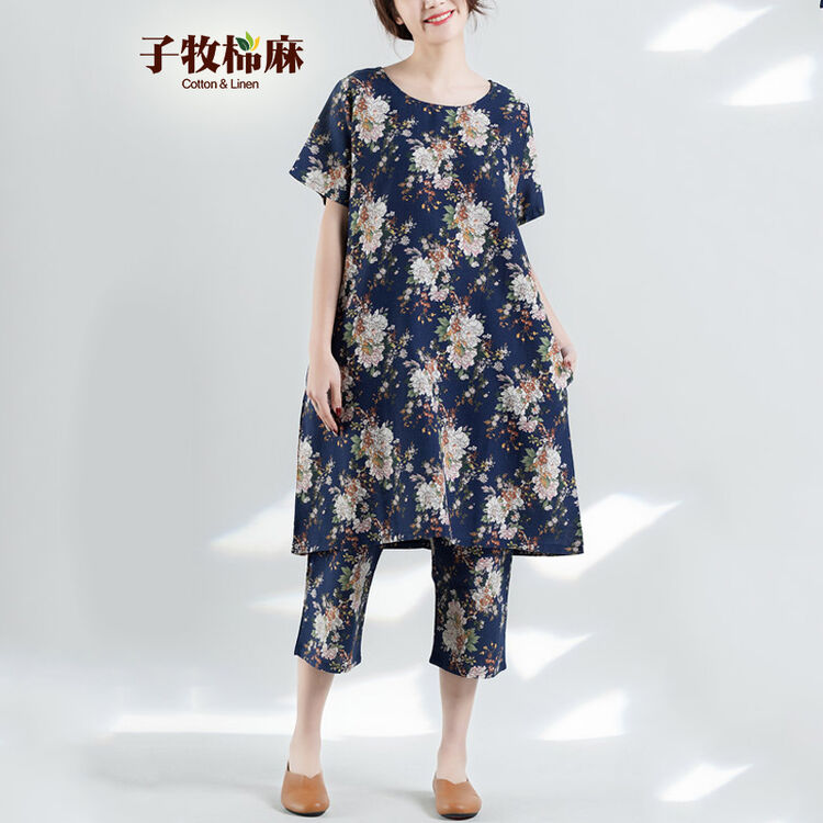 子牧棉麻2018夏季新款 女新品 民族风女装印花短袖中长裙 休闲裤两件