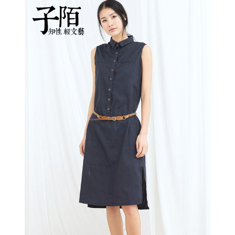 子陌zimo 藏青色简洁百搭棉麻连衣裙 送皮带 藏青色 s
