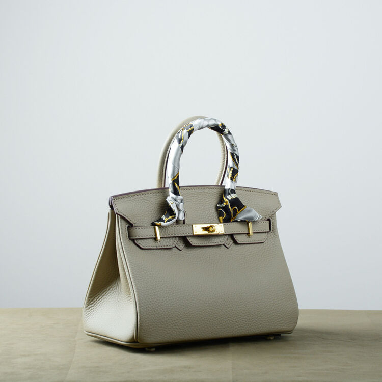 2018新款荔枝纹头层牛皮铂金包真皮女包单肩斜跨手提包大包包 大象灰