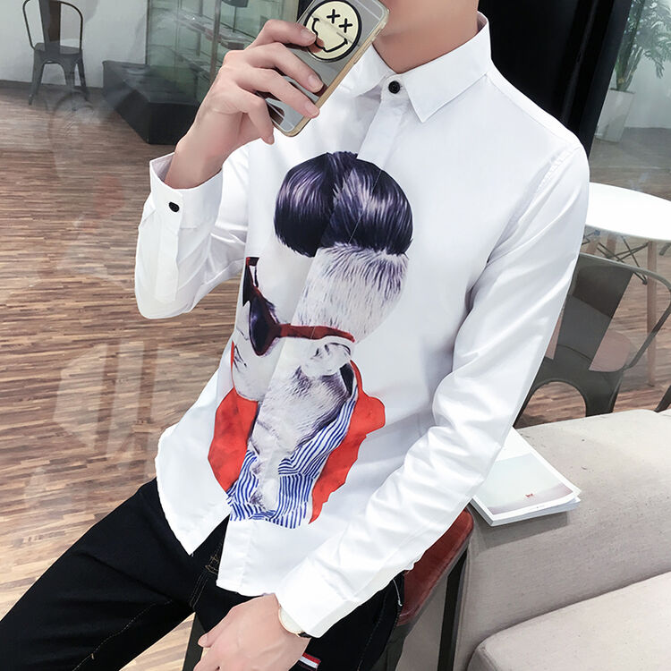 新品春季个性图案印花衬衫男长袖青少年修身潮流学生刺绣花白衬衣