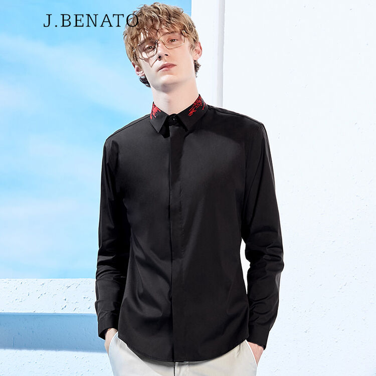 benato)男装2018春夏新款纯棉韩版长袖衬衫男士休闲方领修身男衬衣