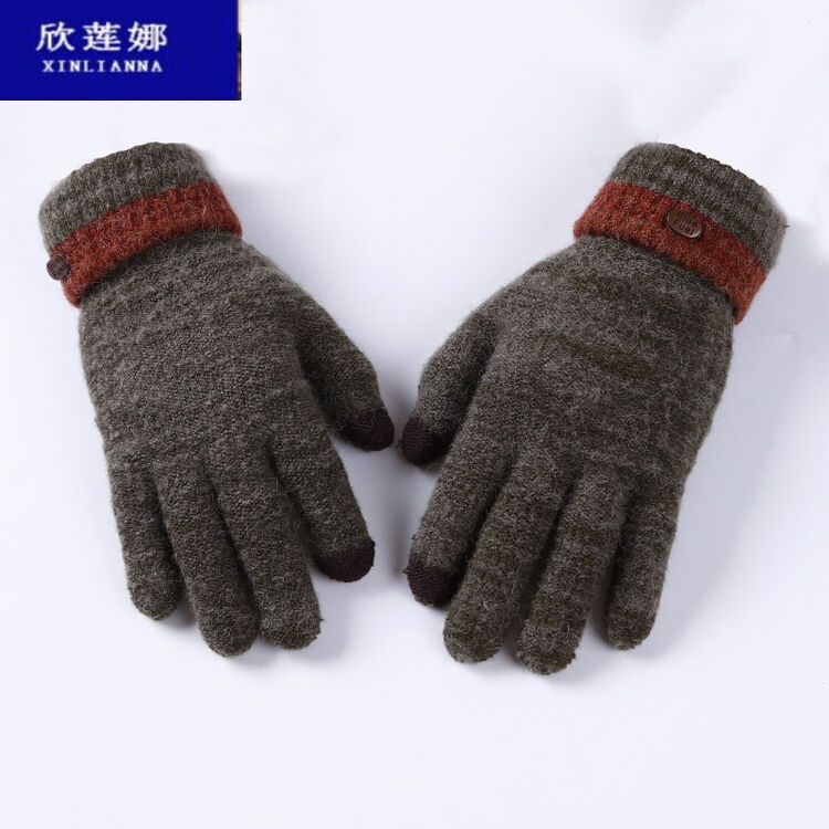 秋冬新款男士连指全包手套 保暖仿羊绒触屏户外骑行手套 浅绿 均码