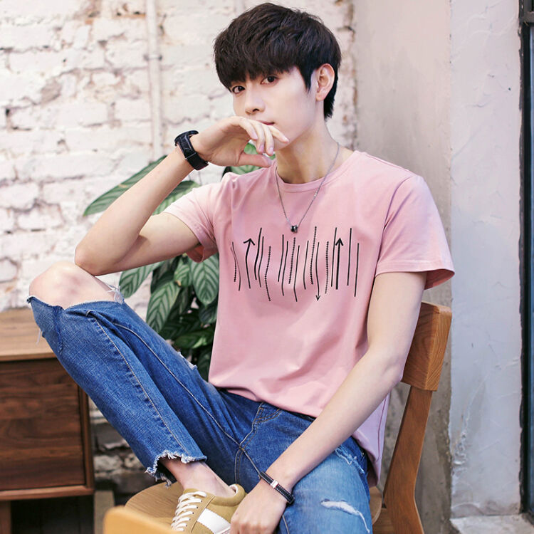 hmg短袖男士夏季t恤圆领韩版修身半袖衣服打底潮 粉红色 3xl