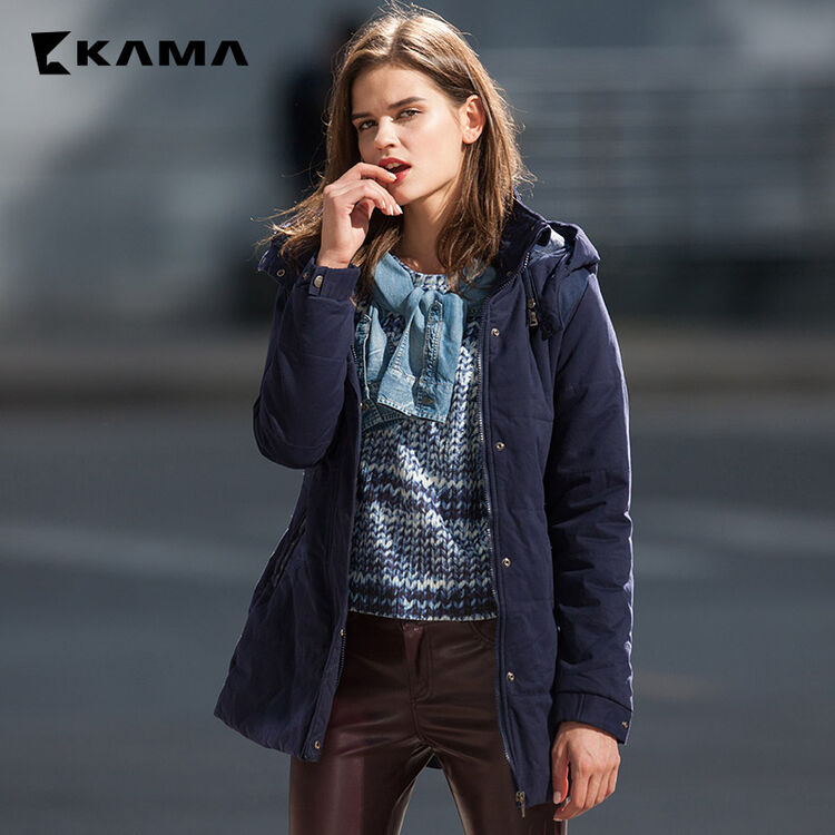 卡玛kama 冬季时尚中长款棉衣休闲女外套 7414763 蓝色 m(160/84a)