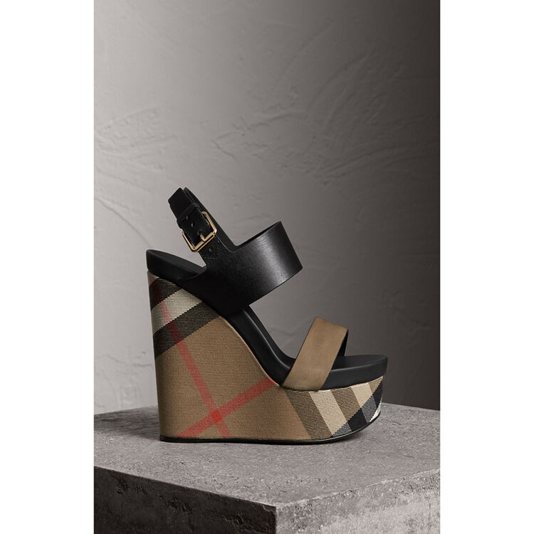 burberry巴宝莉女鞋house 格纹皮革拼小牛麂皮厚底坡跟鞋休闲鞋高跟鞋