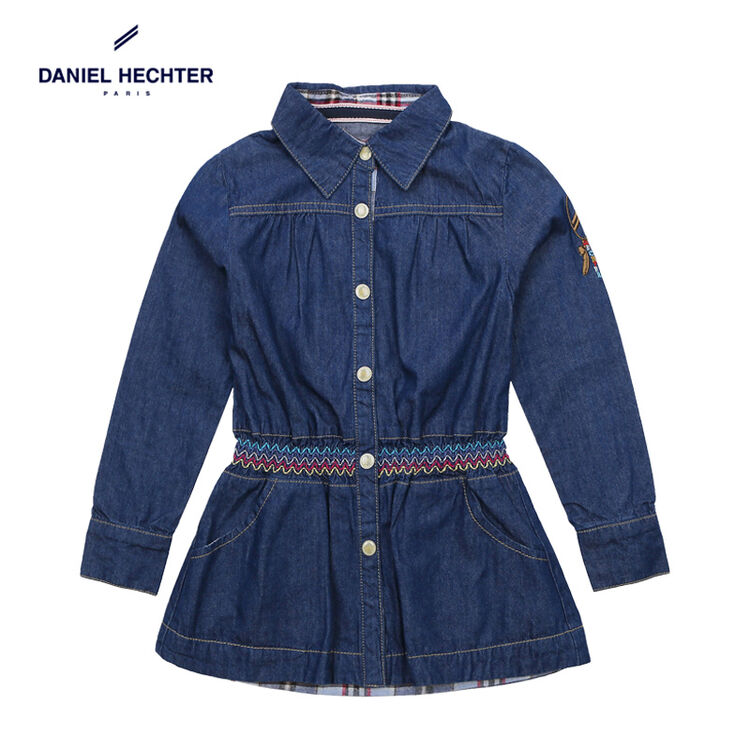 dh/丹尼爱特童装 女童长袖牛仔衣 秋季收腰衬衫儿童休闲上衣百搭 蓝色