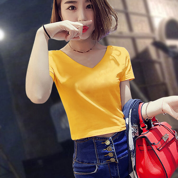 白色紧身性感v领超短装白色短款t恤女士露脐上衣漏肚脐高腰短袖夏 姜