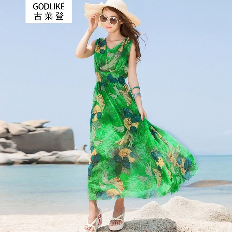 气质飘逸波西米亚长裙沙滩裙海边度假长款雪纺连衣裙无袖背心裙 绿色