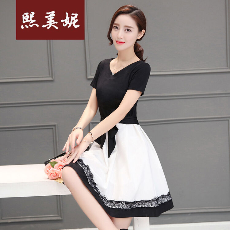 夏季新款韩版女装蕾丝拼接短袖连衣裙夏小清新夏装女a字裙 图片色 s