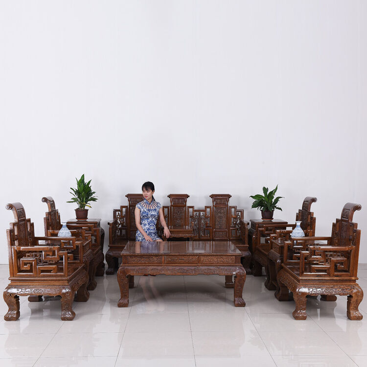 明清古典家具 鸡翅木大清宝座 中式仿古实木客厅沙发十一件套 三件套