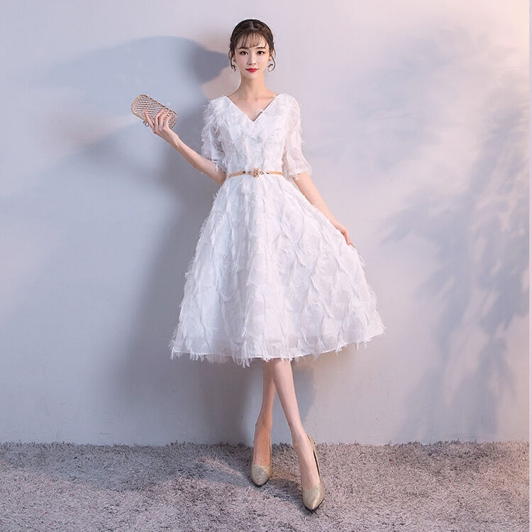 宴会晚礼服2018新款春季中长款伴娘服年会聚会小礼服连衣裙女 白色 s