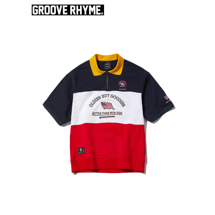 全球购grooverhyme时尚拼接色刺绣宽松男女同款短袖t恤gts008g13 深