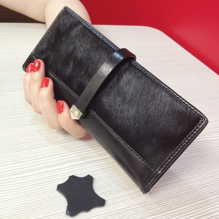 豹纹毛长钱包女士夹女式手拿包薄卡包 黑色