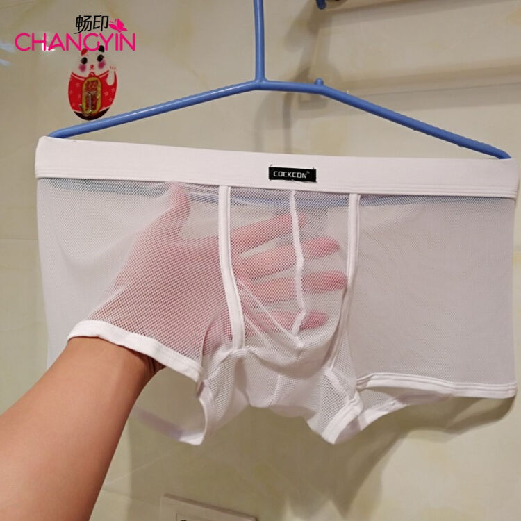 夏季男士网纱网眼透明内裤薄低腰性感透视平角裤青年潮男jj裤头lxc