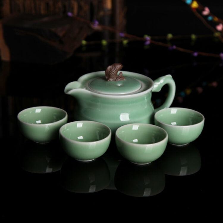 瓷韵龙泉窑茶具套装一壶四杯青瓷整套茶具哥窑冰裂陶瓷茶壶茶杯 弟窑
