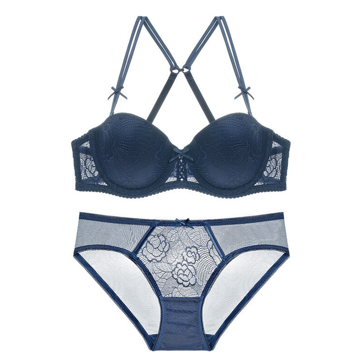 芬美时恋 聚拢性感蕾丝文胸套装抹胸内衣半杯胸罩 蓝色 75a