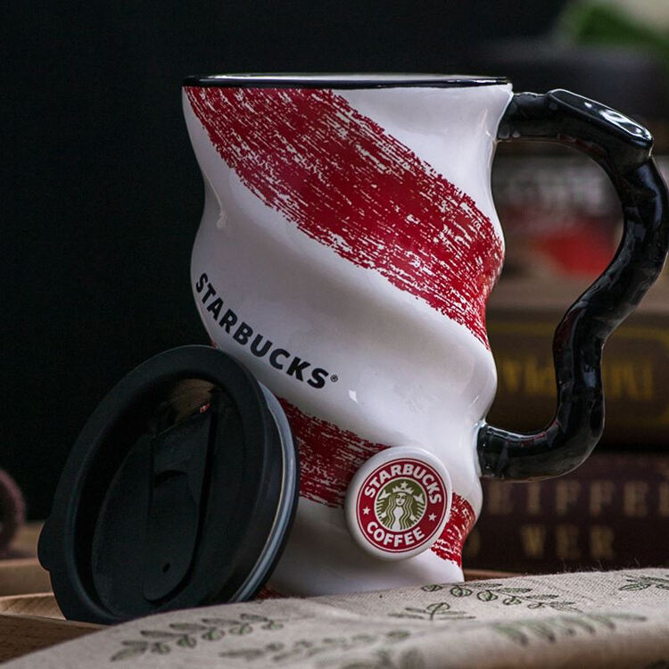 星巴克风格 创意大容量螺旋马克杯创意情侣带盖陶瓷杯咖啡杯水杯 红色