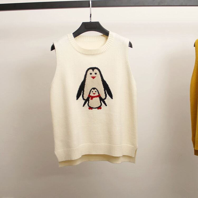 夏尔维纳2018早春款韩版宽松可爱企鹅图案软妹无袖针织马甲毛衣背心女