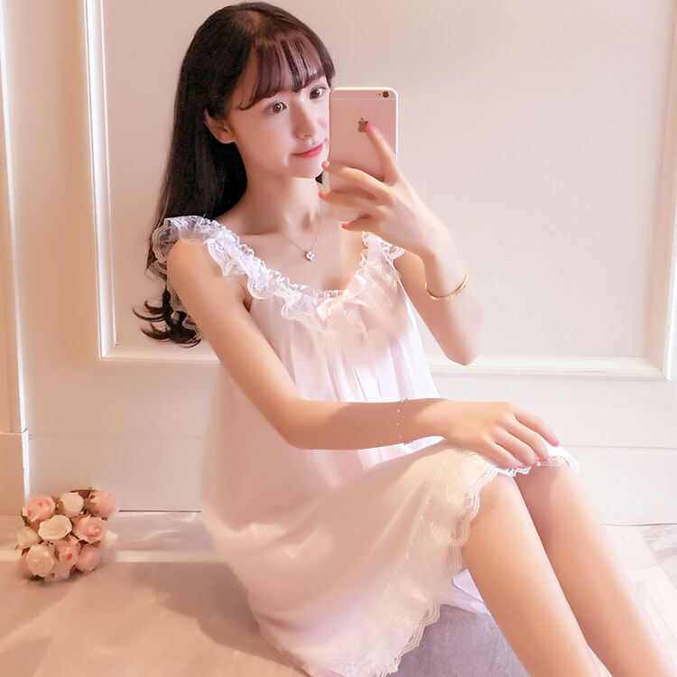 睡衣女睡裙夏棉质家居服薄款性感甜美小清新时尚蕾丝网纱带胸垫吊带