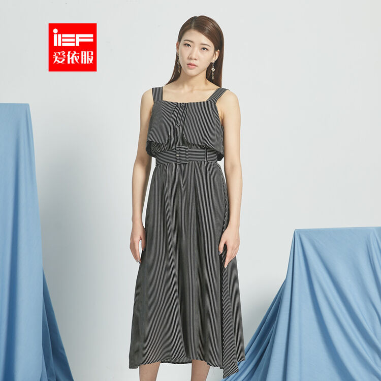 ief/爱依服2018夏季新款韩版收腰修身中长款时尚条纹吊带连衣裙女9410