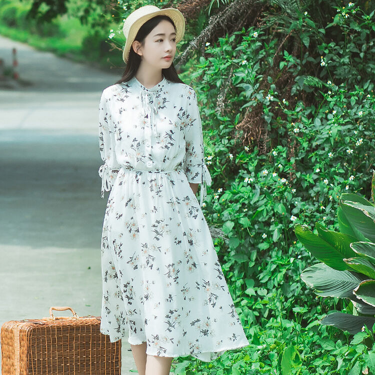 萱2018夏季碎花连衣裙雪纺印花花朵文艺田园乡村女装中长裙子 碎花1号