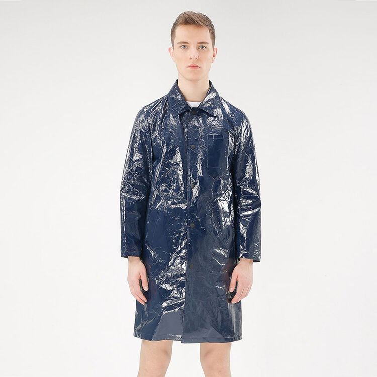 时尚潮流纯色经典杜邦纸翻领风衣长款外套 藏青 s