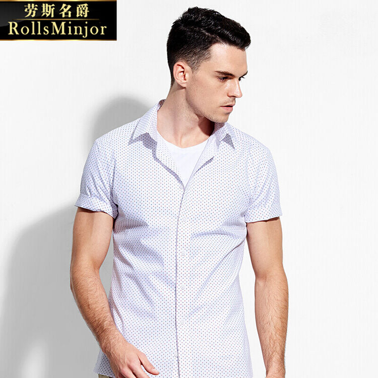 劳斯名爵轻奢品牌短袖衬衫男2018欧美时尚小波点尖领修身休闲棉质衬衣