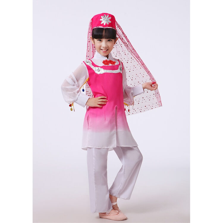 新款女童新疆舞演出服儿童维吾尔族舞蹈服回族东乡族少数民族服装 玫