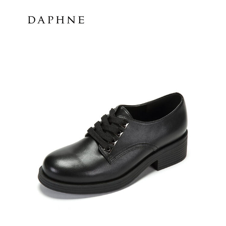 达芙妮daphne 圆头低跟复古系带粗跟英伦风女式小皮鞋 黑色 230