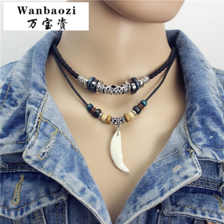 狗牙项链吊坠潮男复古犬獒黑狼牙男士霸气个性项链日韩版锁骨学生