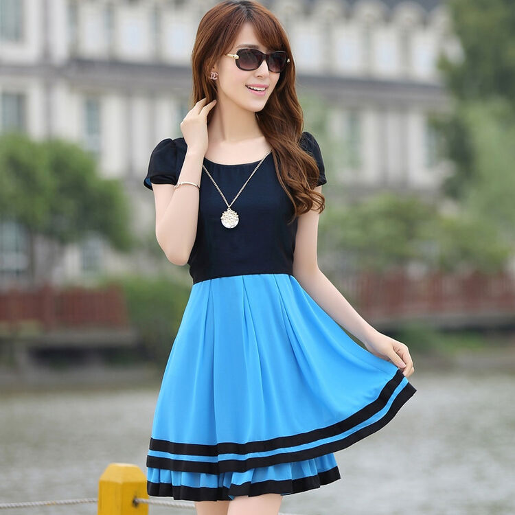 铂依曼 2014夏装新款新品韩版优雅女装修身雪纺女式短袖连衣裙女 蓝色