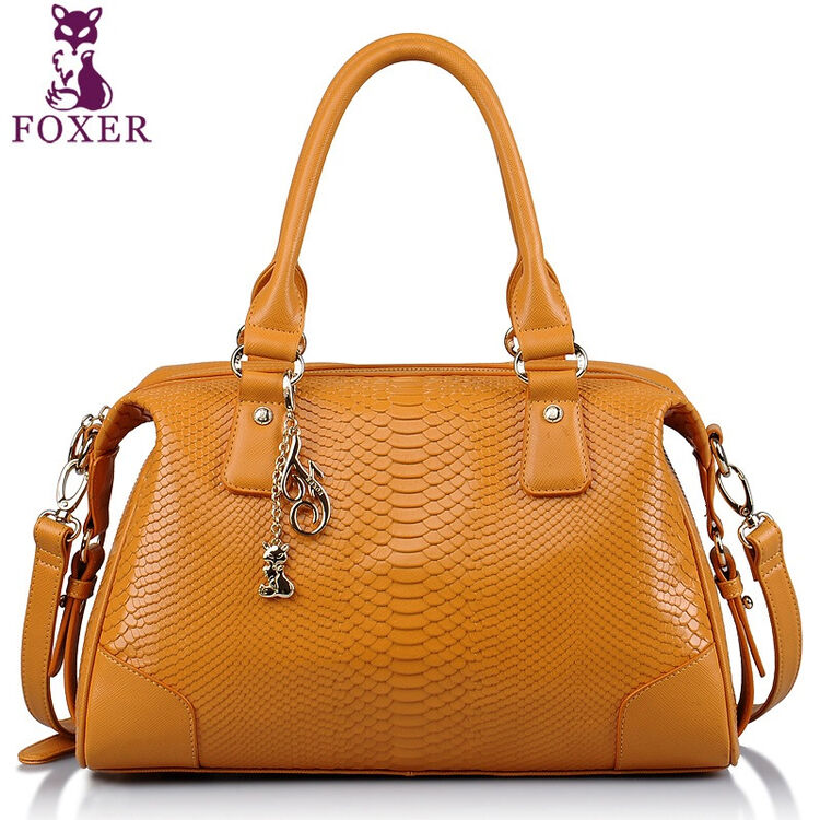 金狐狸foxer牛皮典雅蛇纹手提斜挎女包926006f1e2黄色
