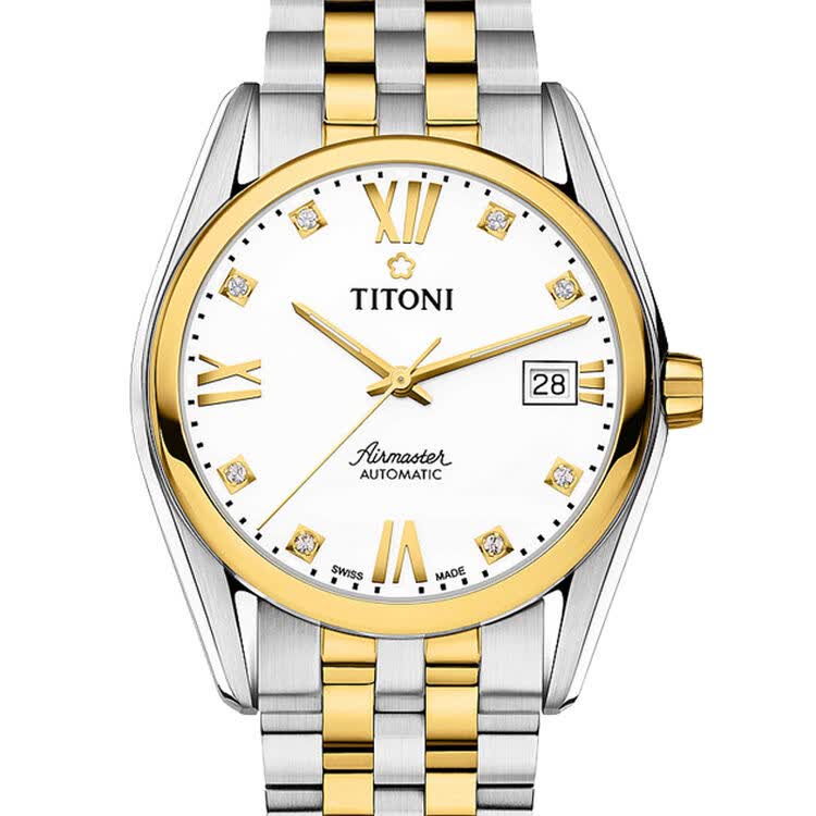 瑞士梅花titoni手表空霸系列自动机械钢带男表 间金白盘钻83909 sy