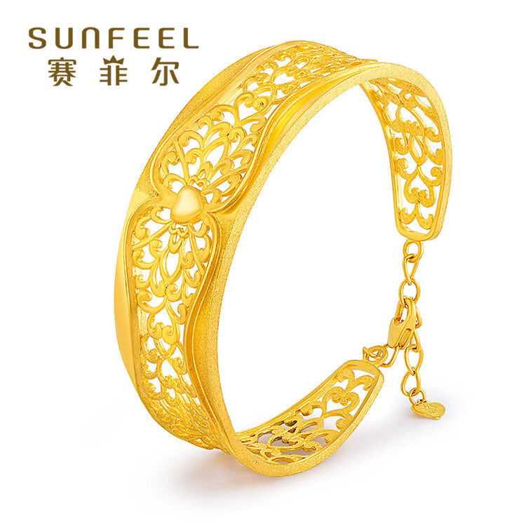赛菲尔 黄金手镯女款 足金9999宽面镂空金镯子 显大时尚 约29.98-30.