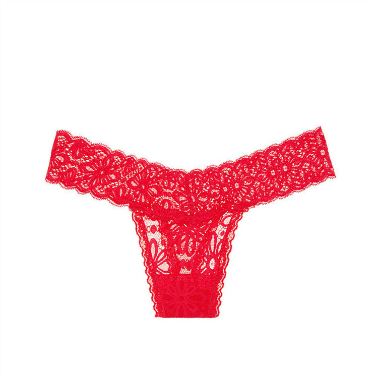 维多利亚的秘密新款全蕾丝镂空无痕丁字裤 红色 s