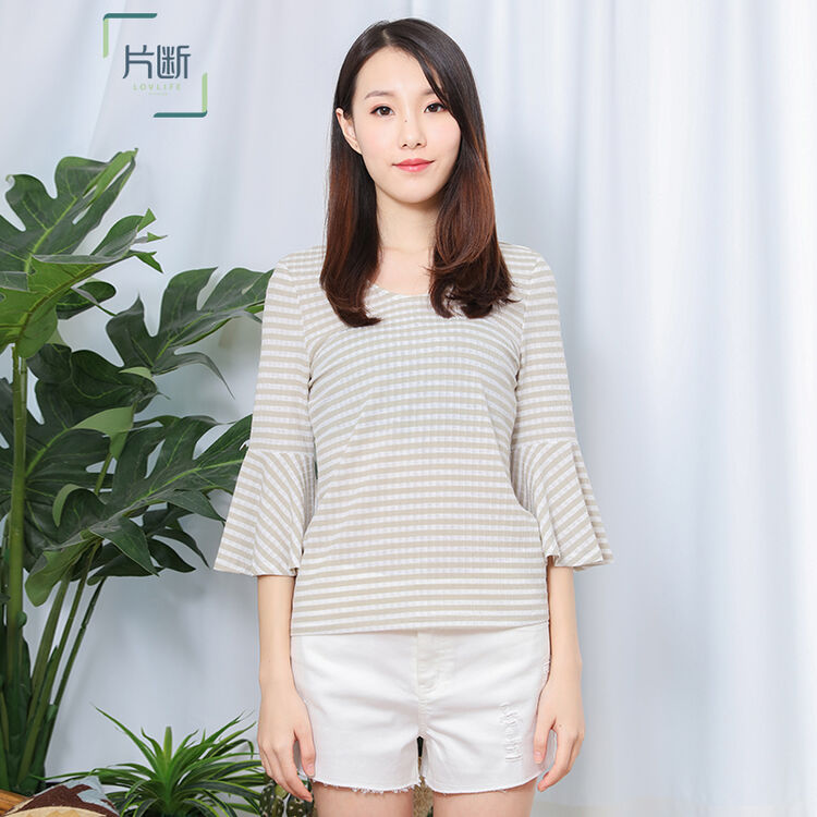 【商场同款】片断2018夏季新款女装森系棉质条纹荷叶袖t恤衫女甜美