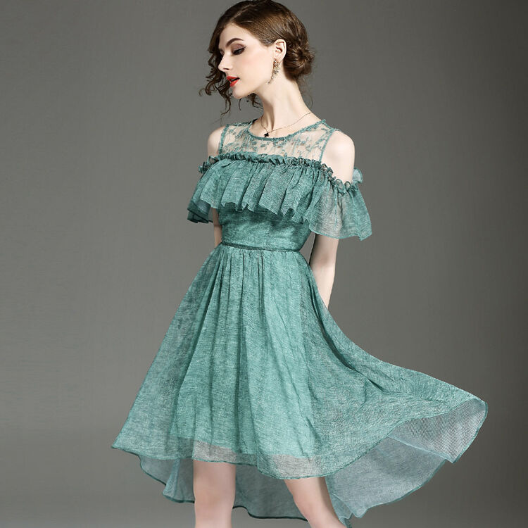 夏气质修身收腰a字网纱刺绣性感漏肩抹胸荷叶边不规则