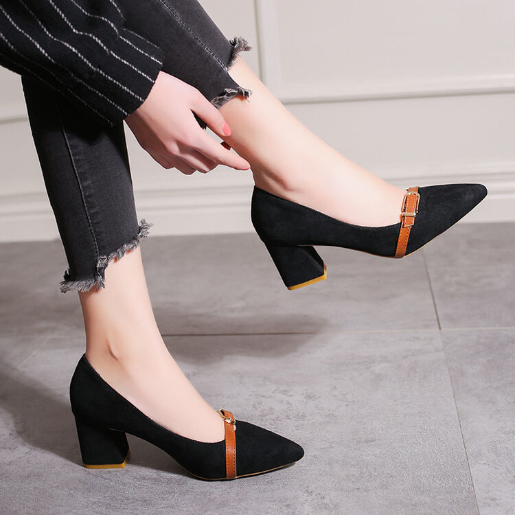 2018新款高跟鞋春季新款韩版百搭6厘米粗跟公主宴会绒面时尚浅口单鞋